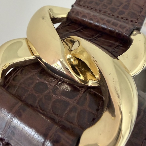 Zara Leather Brown Croc-Embossed Belt with Gold Buckle
